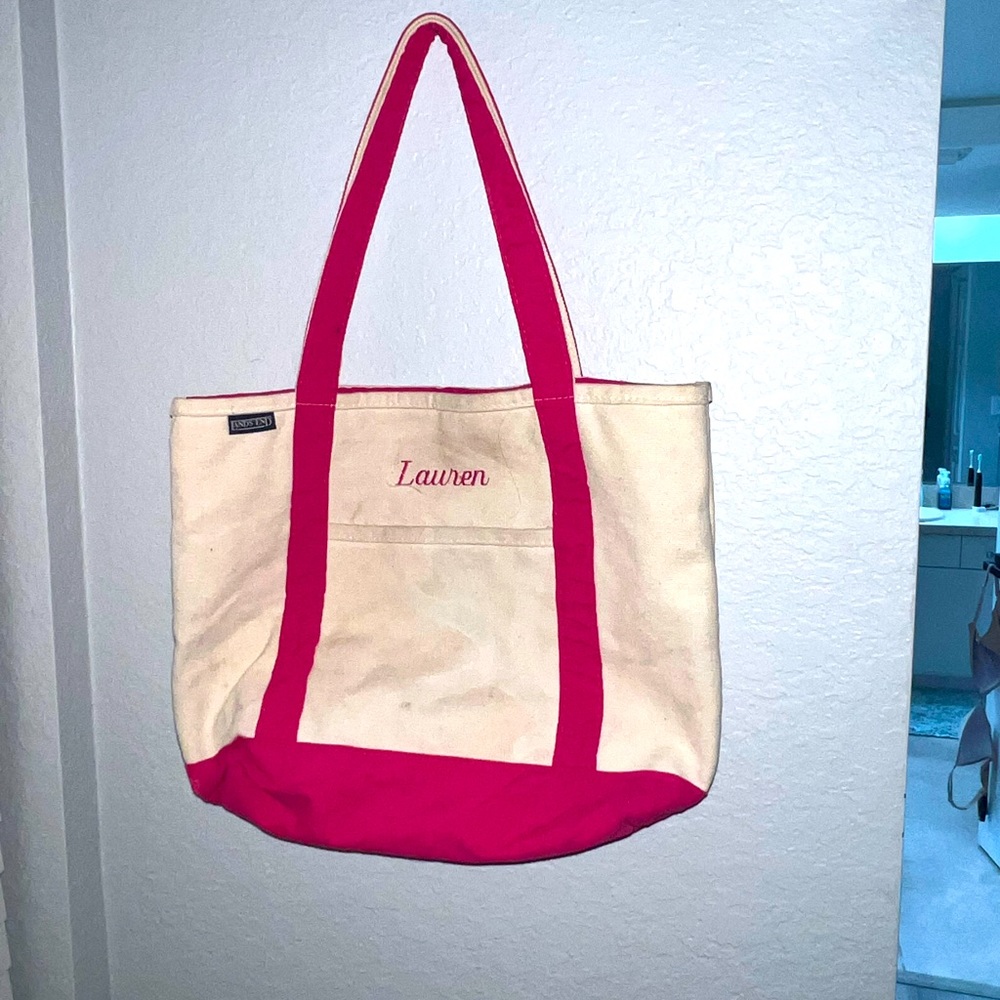 Lands end pink and crème tote bag “Lauren” embossed